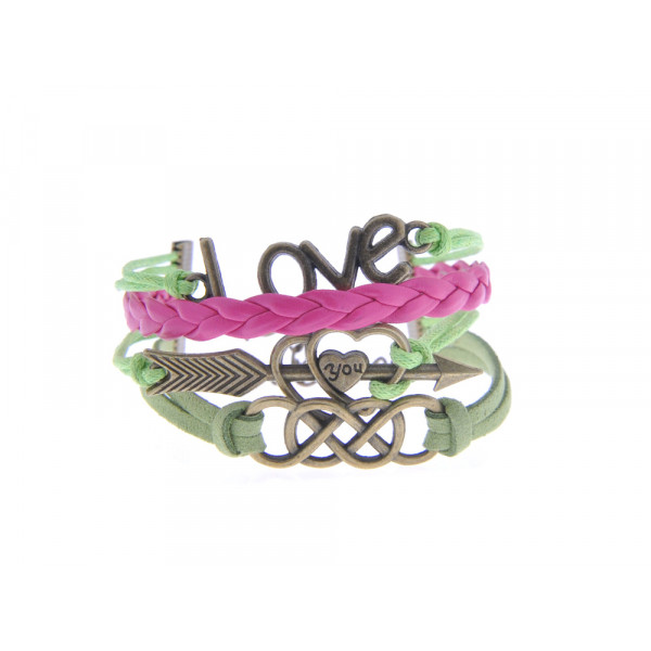 Bracelet from pink leather, multi-colored cords, and charms: hearts, love, and double infinity.