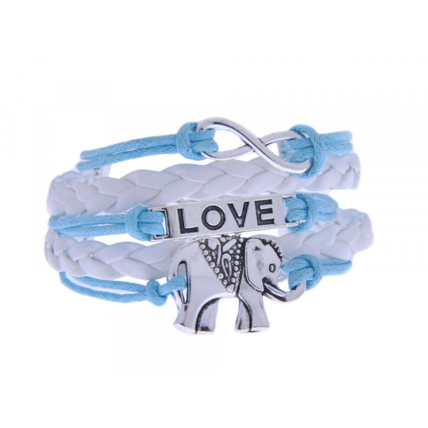 White leather and blue cord bracelet with charms: infinity, "Love" and an elephant