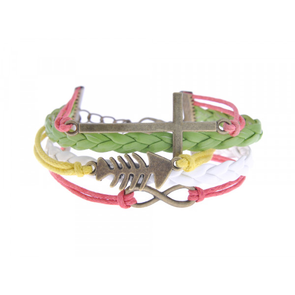 Green and White Leather Bracelet with Charms: cross, infinity and fish bone