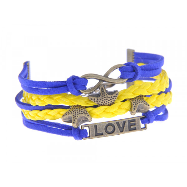 Bracelet yellow and blue leather with love, infinity sign, and star charms.
