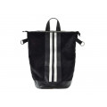 Black denim backpack with leather and denim base and white stripes