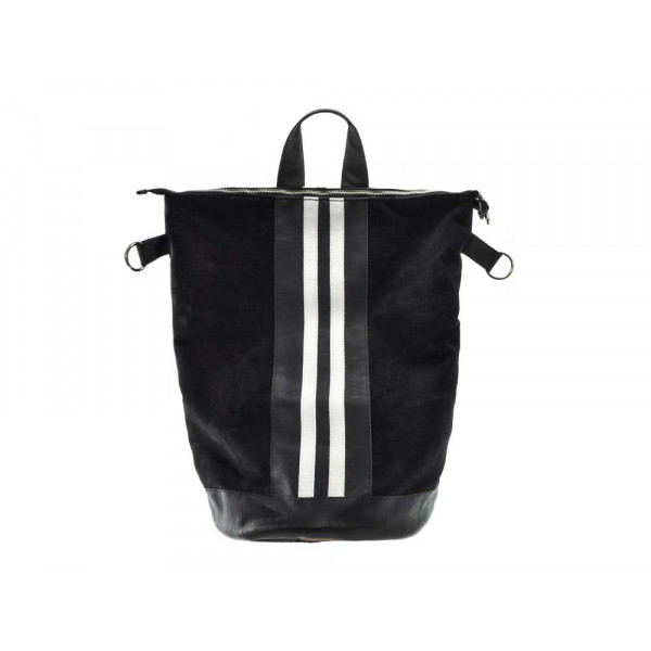 Black denim backpack with leather and denim base and white stripes