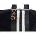 Black denim backpack with leather and denim base and white stripes