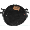 Black denim backpack with leather and denim base and white stripes