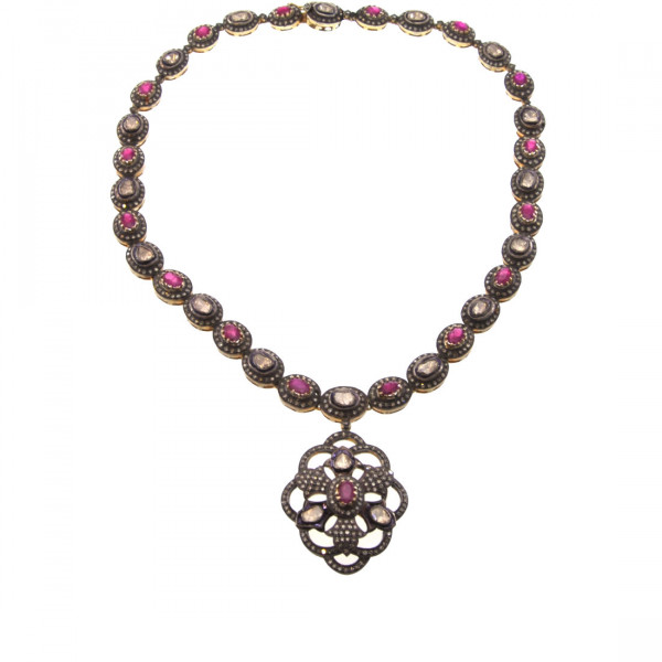 Gold and Silver Vintage Necklace adorned with Diamonds and Rubies