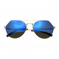 Polygonal Aviator Sunglasses with Golden Metallic Frame and Blue Lenses