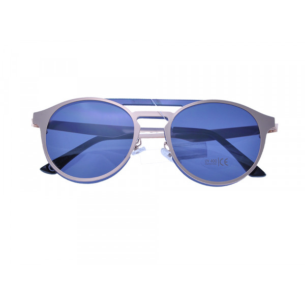 Round Sunglasses with Blue Lenses and a Silver Metallic Frame