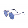 Round Sunglasses with Blue Lenses and a Silver Metallic Frame