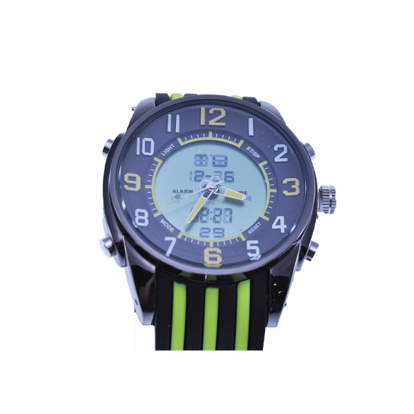 XXL Sport Watch with Stainless Steel Case a Black and Green Silicone Strap