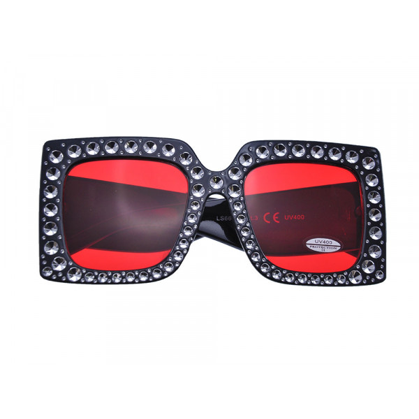 Oversized Jeweled Sunglasses with Black Frame and Red Lenses