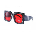 Oversized Jeweled Sunglasses with Black Frame and Red Lenses