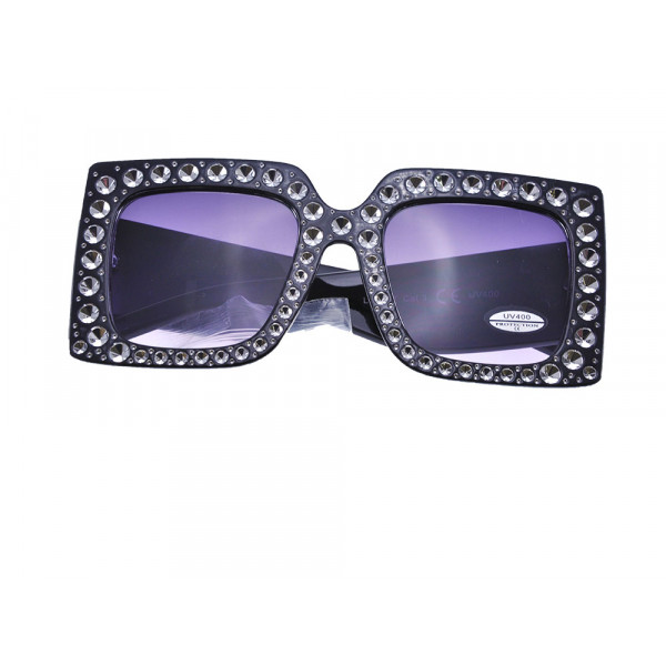 Black Square Sunglasses with Purple Smokey Lenses and White Crystals