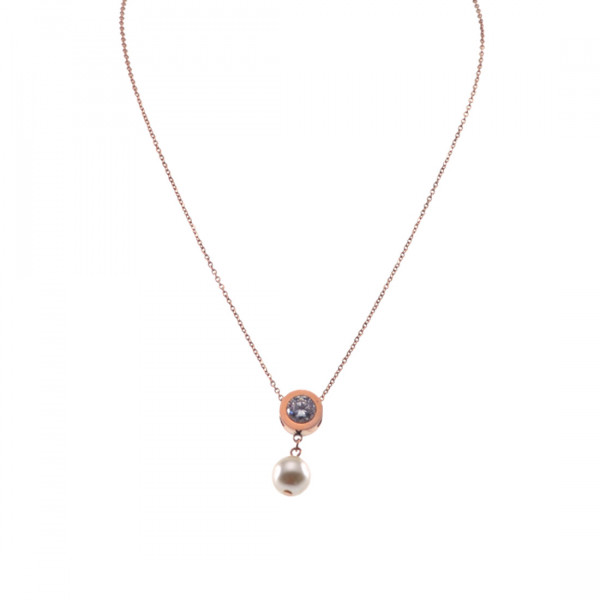 Pink Gold Plated Stainless Steel Pednant with a Pearl and White Sapphires