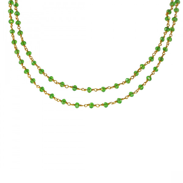 Link Chain Necklace with Green Glass Stones and Gold Plated Chain