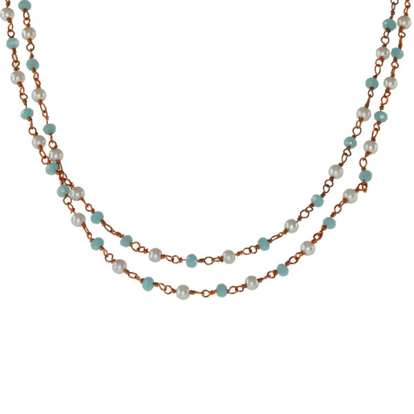 Pink Gold Plated Linkchain Necklace with Chalcedony Beads and Pearls