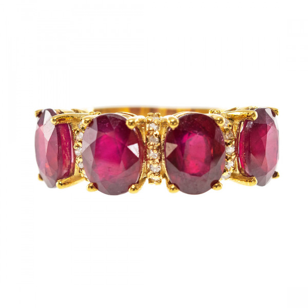 18K Gold Ring adorned with Four Rubies and Diamonds. Four Stone Ruby and Diamond Ring