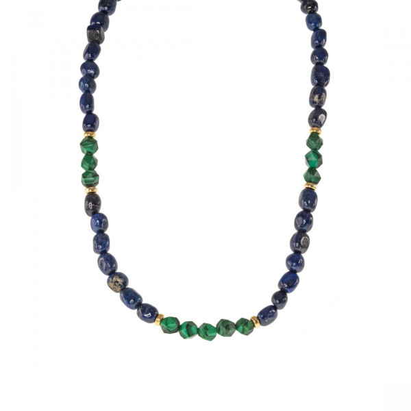 Necklace with Lapis Lazuli, Malachite and Gold Plated Silver Elements.