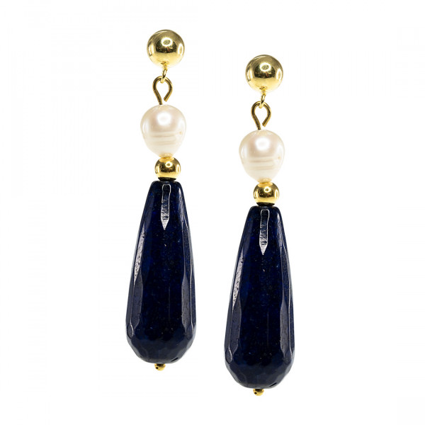 Gold Plated Silver Dangle Earrings with Blue Jade and Pearls
