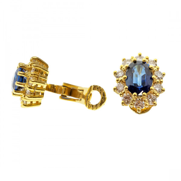 Gold Clip On Earrings adorned with Ceylon Sapphires and Diamonds