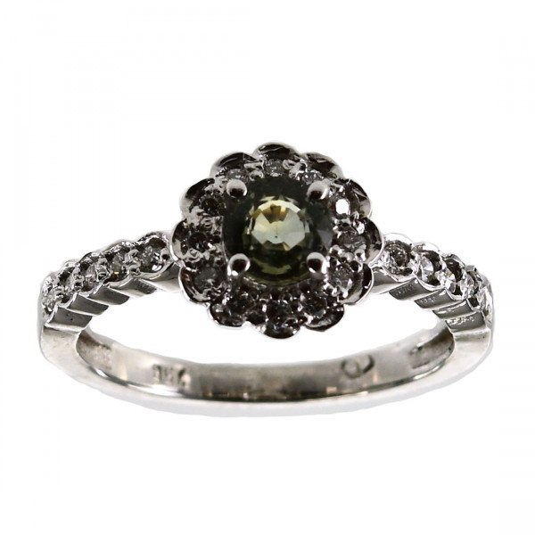 White Gold Ring with a Green Sapphire and a Diamond Halo