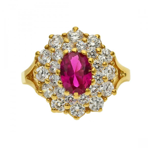 Halo Ring with Red and White CZ set in 925 Sterling Silver with 18K Gold Plating