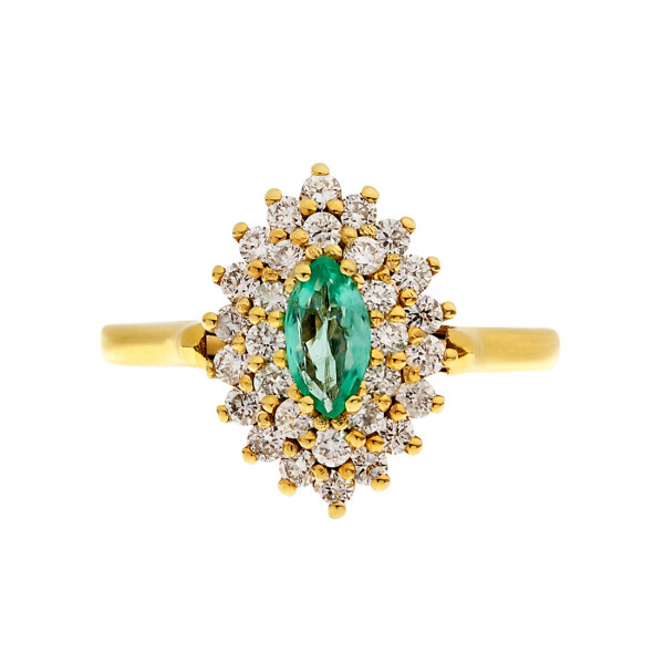 Gold Ring adorned with a Navette-cut Colombian Emerald surrounded by Diamonds