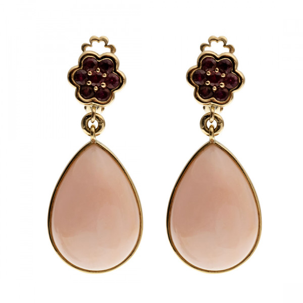 Gold Clip Earrings adorned with Angel Skin Corals and Topaz