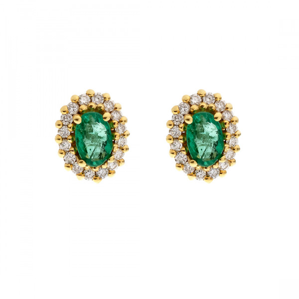 Gold Stud Earrings adorned with Emeralds and Diamonds