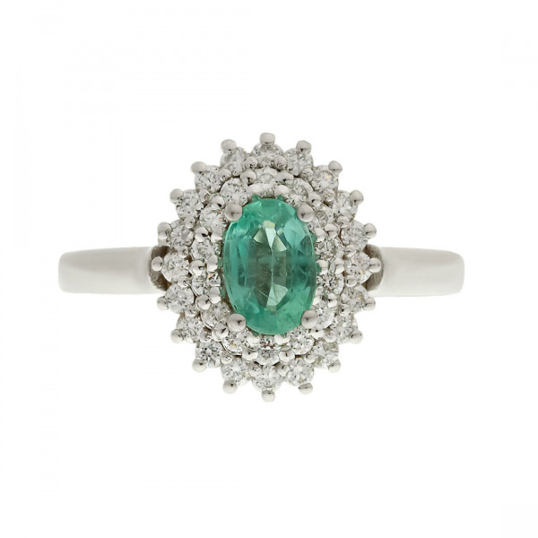 White Gold Emerald Ring with a Diamond Halo