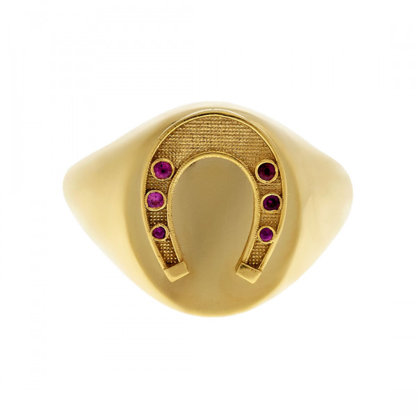 14K Gold Chevalier Ring with a Horseshoe adorned with Rubies