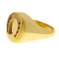 14K Gold Chevalier Ring with a Horseshoe adorned with Rubies