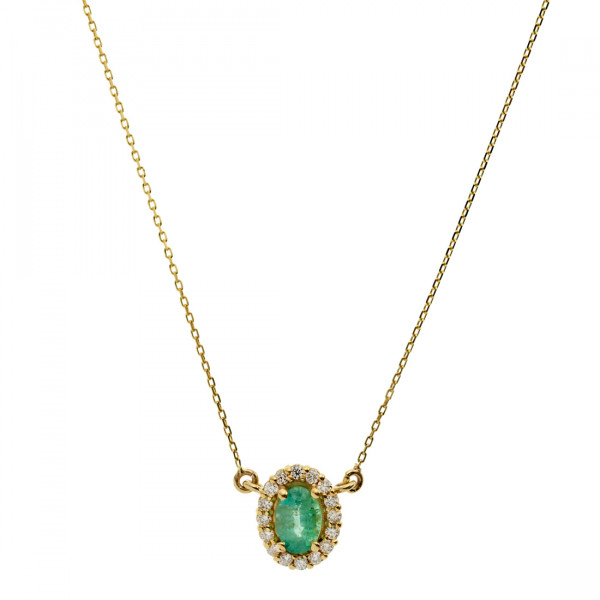 Gold Emerald Pendant with a Diamond Halo