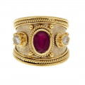 Gold Handmade Byzantine Ring adorned with a Ruby and Diamonds