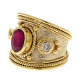 Gold Handmade Byzantine Ring adorned with a Ruby and Diamonds