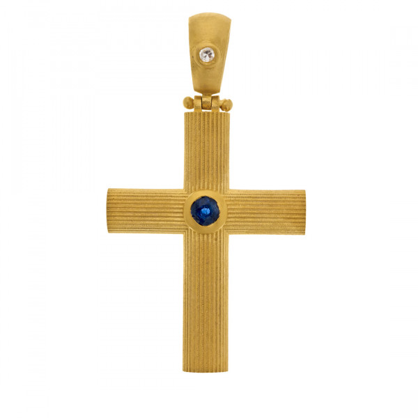 18K Gold Handmade Cross adorned with a Sapphire and a Diamond