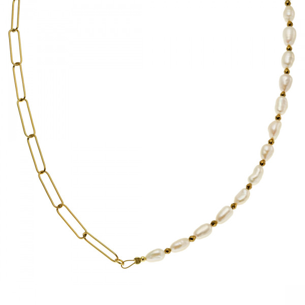 Gold Plated Silver Paperclip Necklace with Baroque Pearls