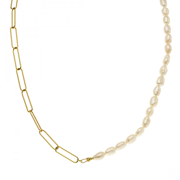 Gold Plated Silver Paperclip Necklace with Baroque Pearls