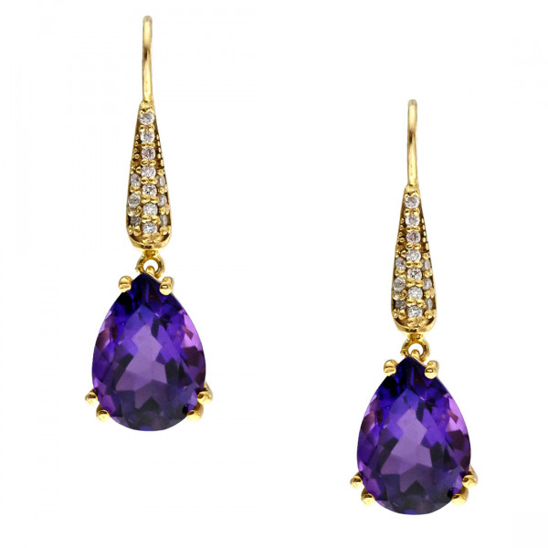 18K Gold Drop Earrings adorned with Amethysts and Diamonds