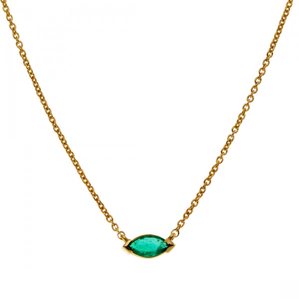  Solitaire Gold Necklace with a Navette-cut Emerald