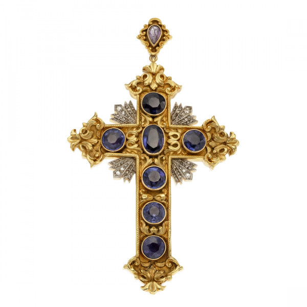 Gold Cross adorned with Alexandrite, Diamonds, Amethyst and a crypt on the back