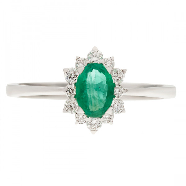 White Gold Emerald Ring with a Diamond Halo