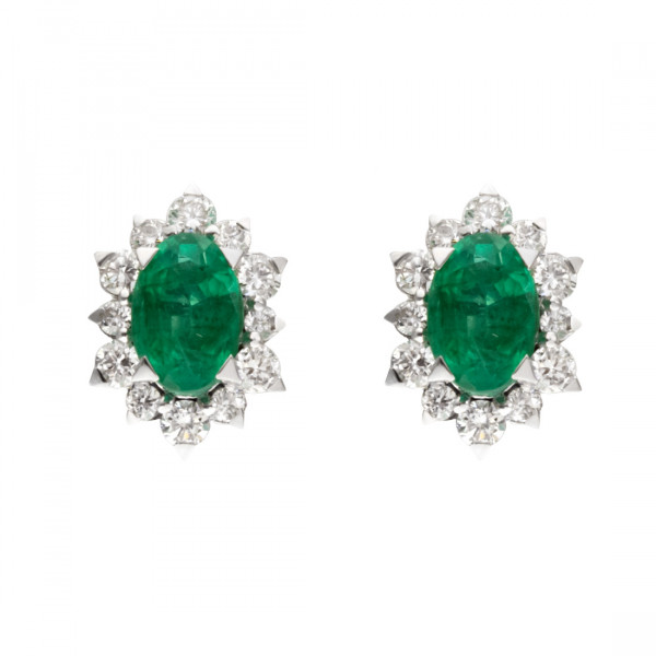 White Gold Emerald Stud Earrings with a Diamond Halo