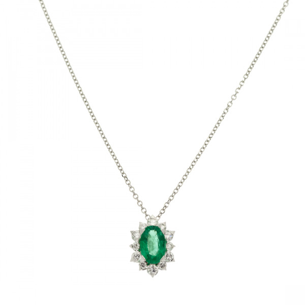 White Gold Emerald Pendant with a Diamond Halo