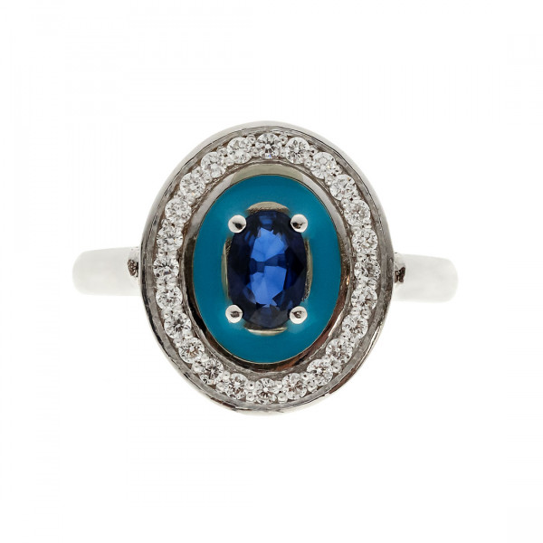 White Gold Ring adorned with a Blue Sapphire, a Diamond Halo and Turquoise Enamels