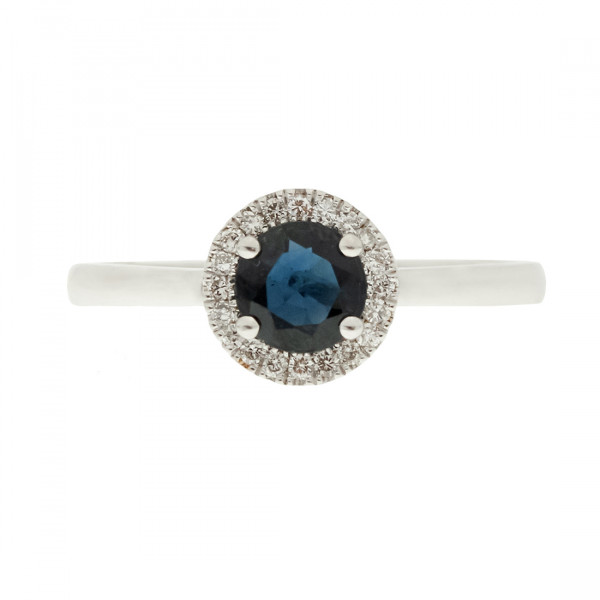 White Gold Sapphire Solitaire Ring with a Diamond Halo