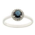 White Gold Sapphire Solitaire Ring with a Diamond Halo