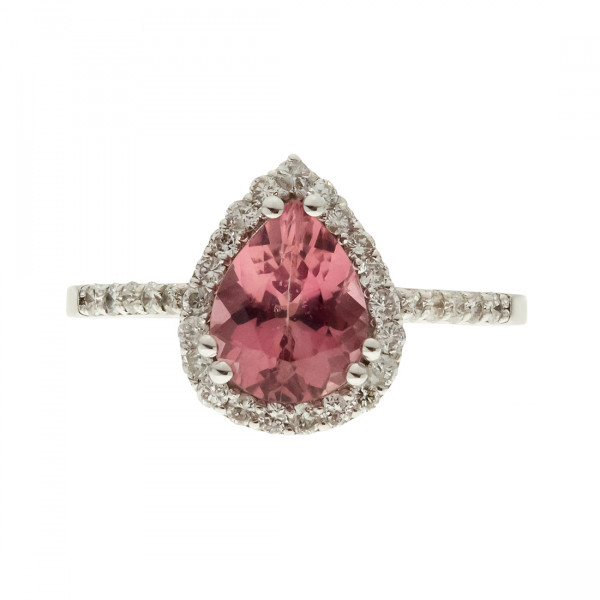 White Gold Solitaire Ring adorned with a Pink Sapphire and a Diamond Halo