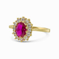 18K Yellow Gold Plated Rosette Ring with Red Center Stone and White CZ Stones