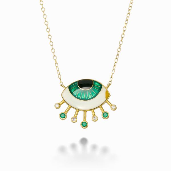 18K Yellow Gold Plated Green Enamel Eye Necklace with CZ Stones