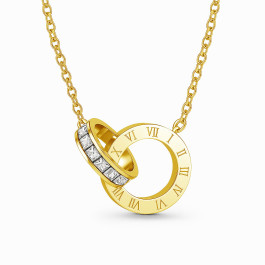 18K Yellow Gold Plated Stainless Steel Double Ring Necklace with Roman Numerals